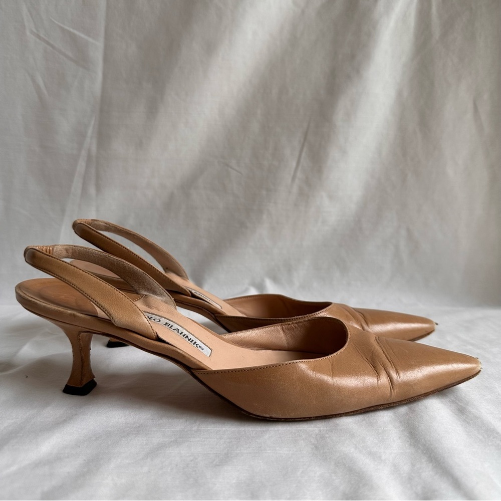 Manolo Blahnik Maysale Tan Leather Pointed Toe Sling Back Strap Heel EU Size 38